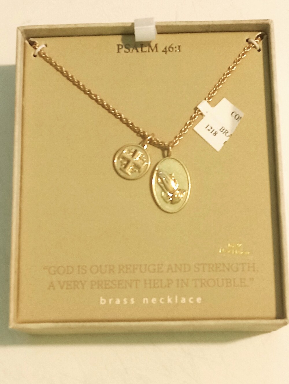 Gold Tone  Necklace with cross and praying hands design,18 -20". Brand new